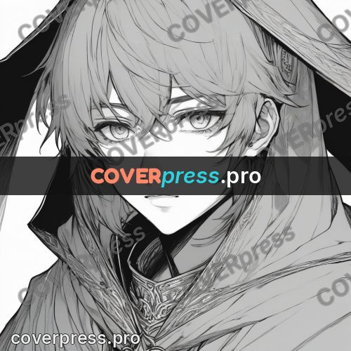 Anime line art: hero face with a fringe