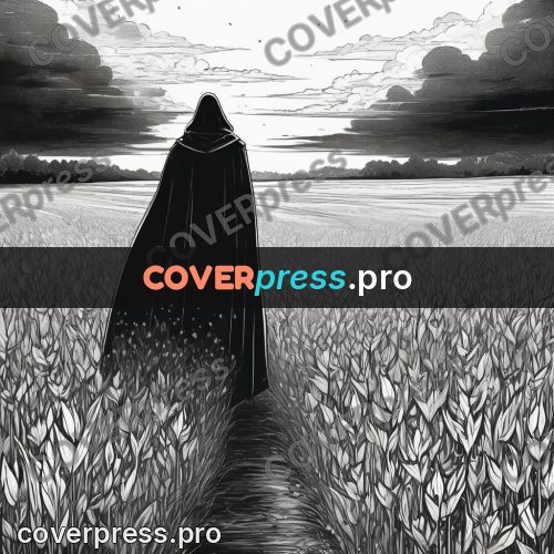 Anime line art: cloaked figure on a path