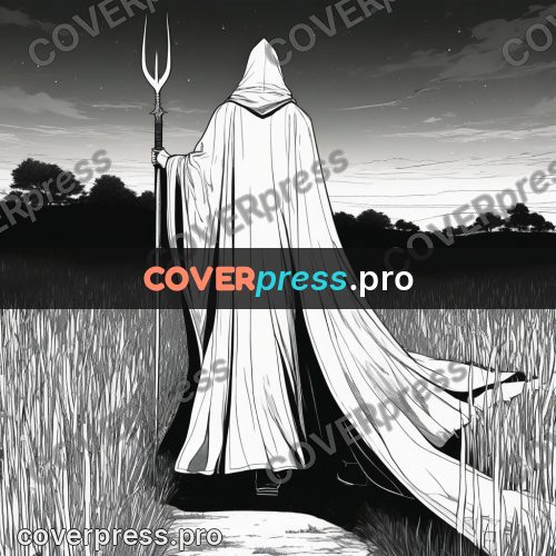 Anime line art: cloaked figure on a path