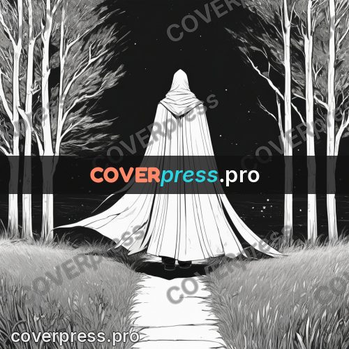 Anime line art: cloaked figure on a path