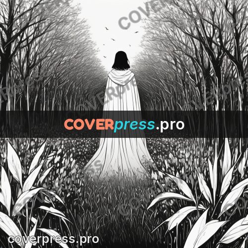 Anime line art: cloaked figure on a path