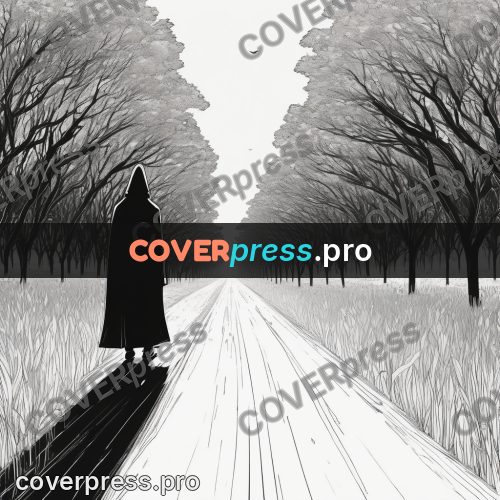 Anime line art: cloaked figure on a path