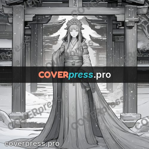 Anime line art: figure at a gate in snow
