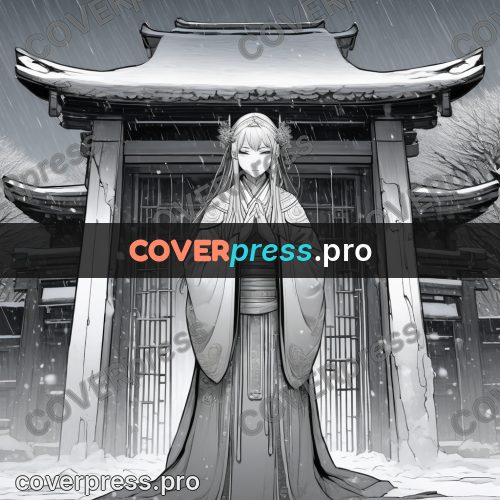 Anime line art: figure at a gate in snow