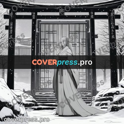 Anime line art: figure at a gate in snow