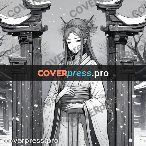 Anime line art: figure at a gate in snow