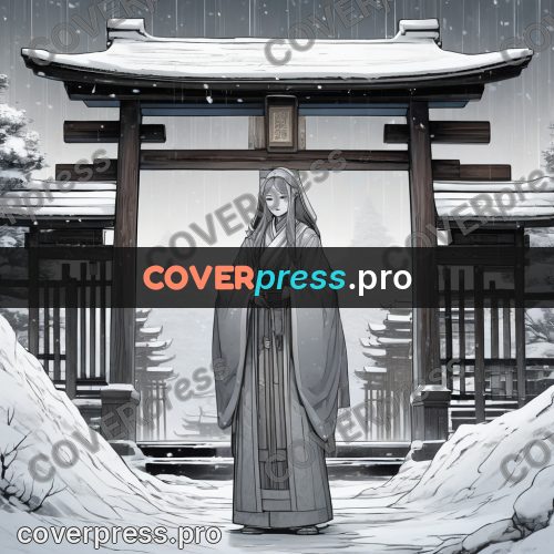 Anime line art: figure at a gate in snow