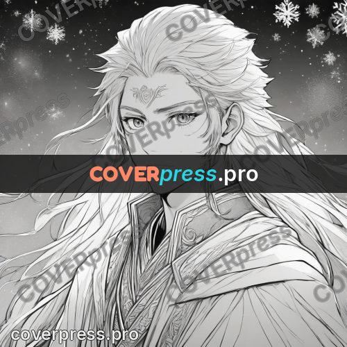 Anime line art: long-haired hero in the snow