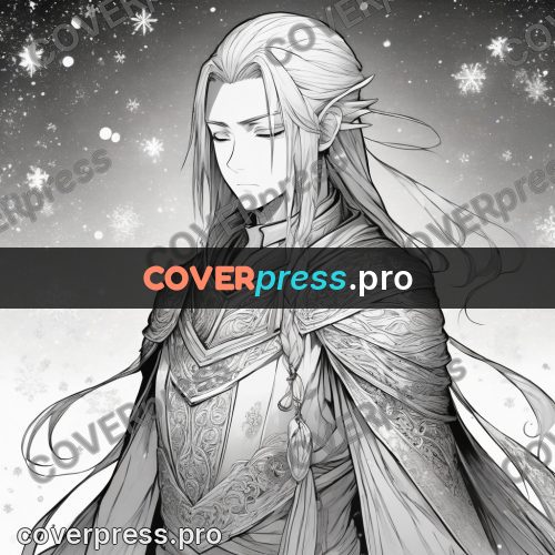 Anime line art: long-haired hero in the snow