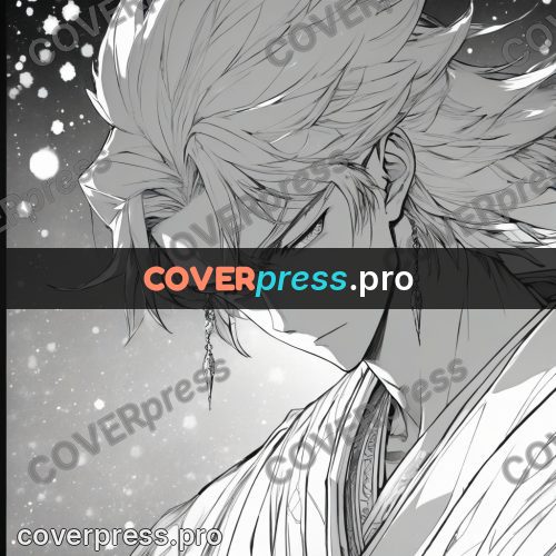 Anime line art: long-haired hero in the snow