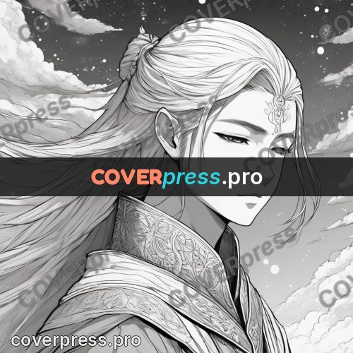 Anime line art: long-haired hero in the snow