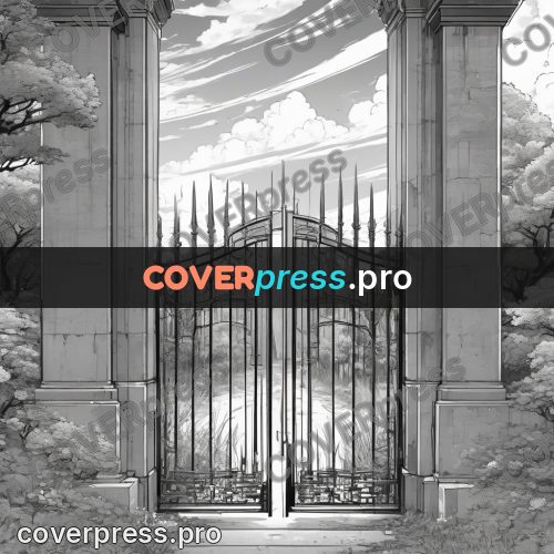 Anime line art: wrought gates in a garden