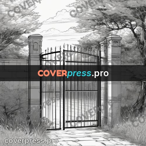 Anime line art: wrought gates in a garden