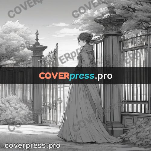 Anime line art: wrought gates in a garden