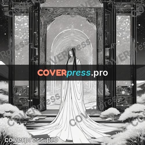 Anime line art: figure in an arch in snow