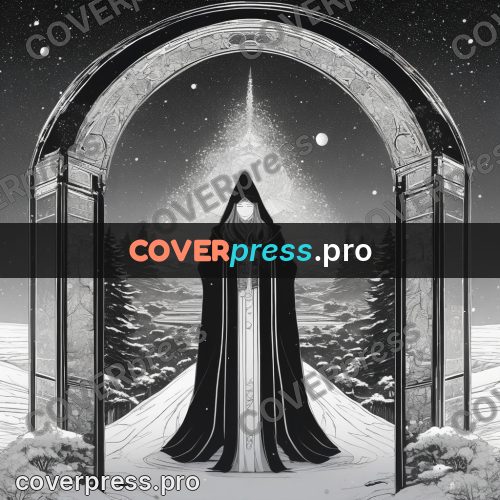 Anime line art: figure in an arch in snow
