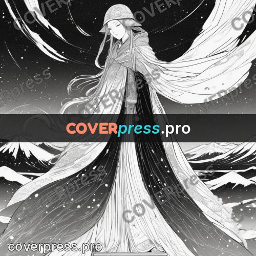 Anime line art: figure in an arch in snow