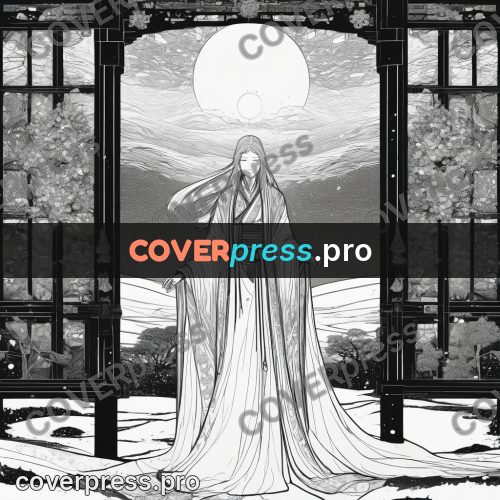 Anime line art: figure in an arch in snow