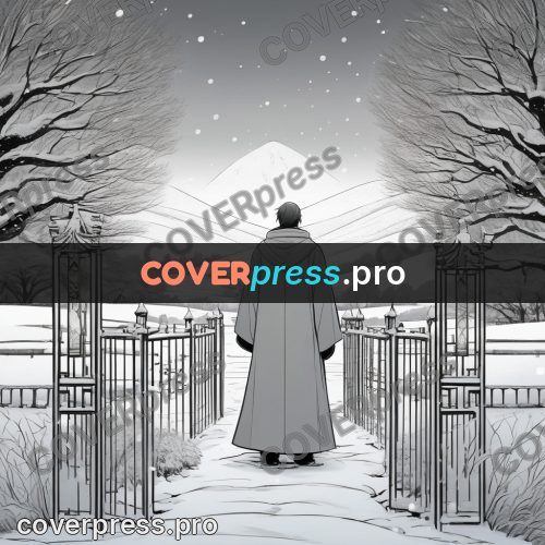 Anime line art: figure from behind at a gate