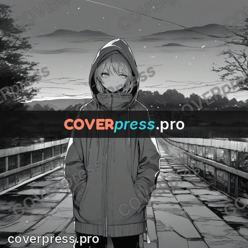 Anime line art: hooded figure on a bridge