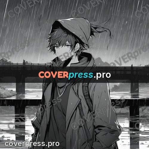 Anime line art: hooded figure on a bridge