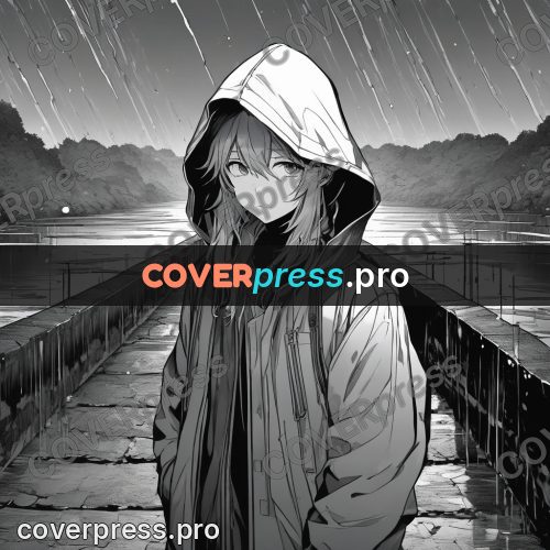 Anime line art: hooded figure on a bridge