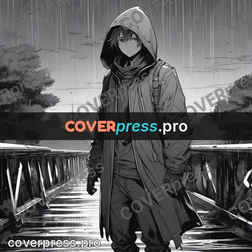 Anime line art: hooded figure on a bridge