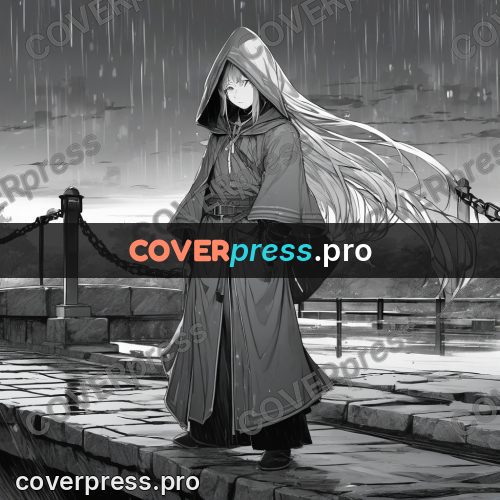 Anime line art: hooded figure on a bridge