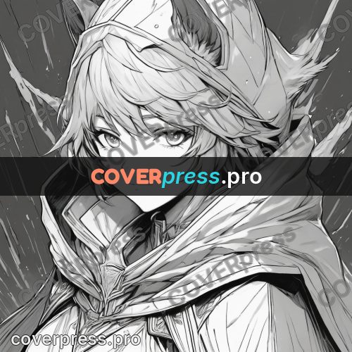Anime line art: hooded face in the rain