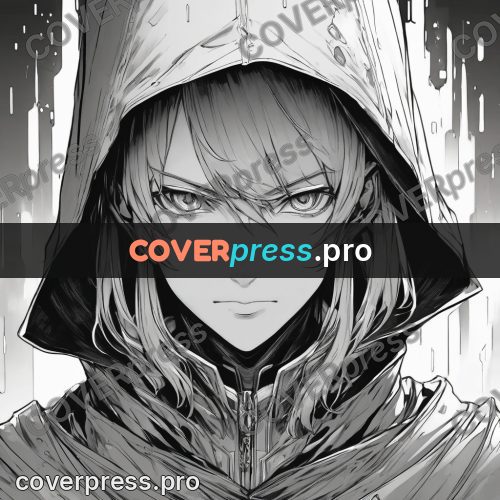 Anime line art: hooded face in the rain