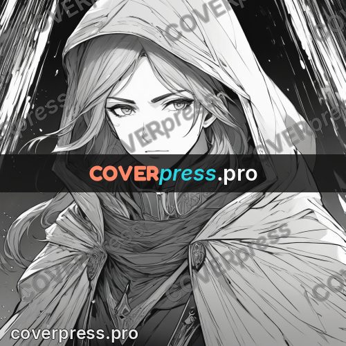 Anime line art: hooded face in the rain