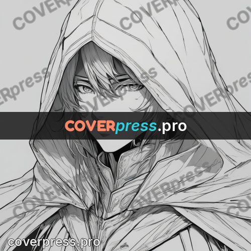 Anime line art: hooded face in the rain