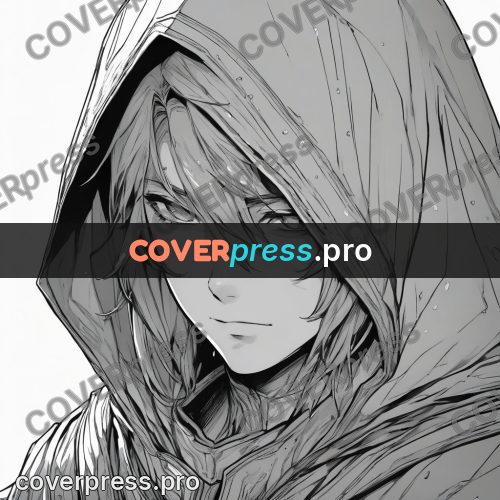 Anime line art: hooded face in the rain