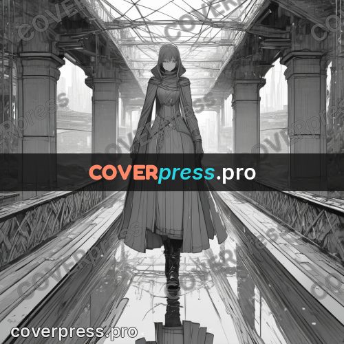 Anime line art: cloaked figure on a bridge