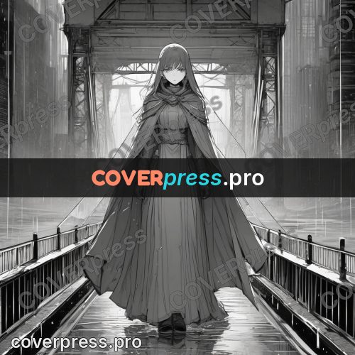Anime line art: cloaked figure on a bridge
