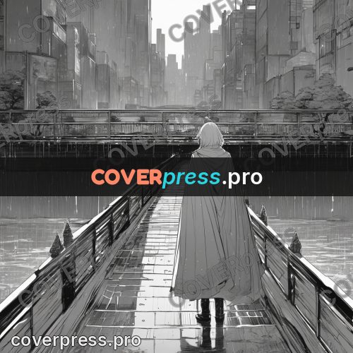Anime line art: cloaked figure on a bridge