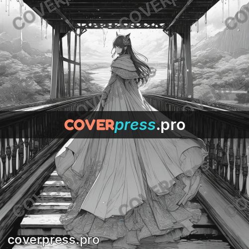 Anime line art: cloaked figure on a bridge
