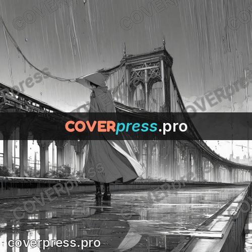 Anime line art: cloaked figure on a bridge