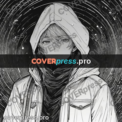 Anime line art: hooded figure in a downpour