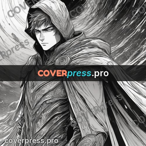 Anime line art: hooded figure in a downpour