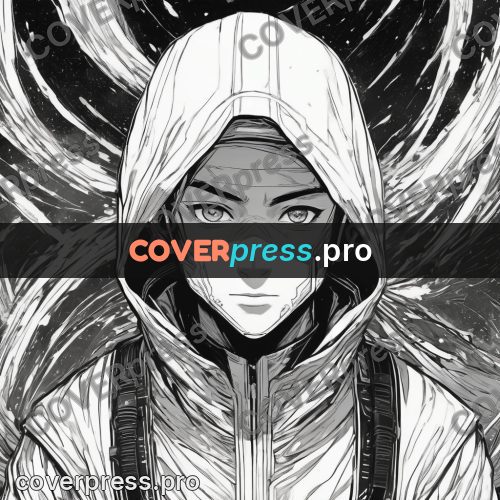 Anime line art: hooded figure in a downpour