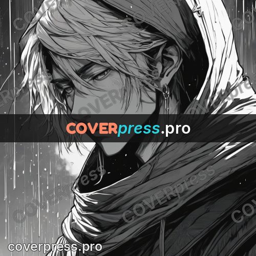 Anime line art: hooded figure in a downpour