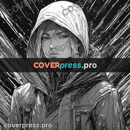 Anime line art: hooded figure in a downpour
