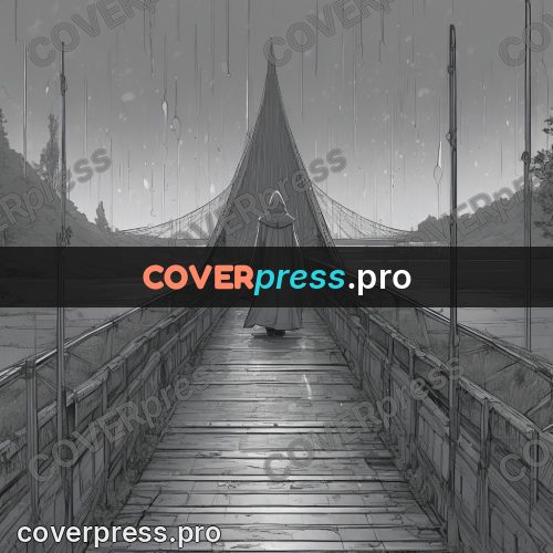 Anime line art: figure walking away on a bridge