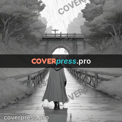 Anime line art: figure walking away on a bridge
