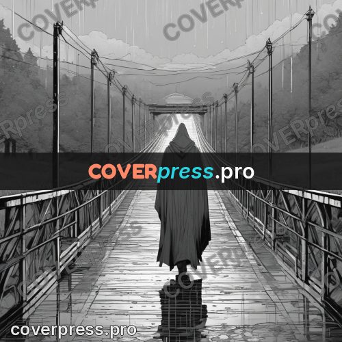 Anime line art: figure walking away on a bridge