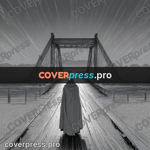 Anime line art: figure walking away on a bridge