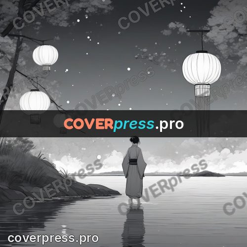 Anime line art: figure among lanterns above water