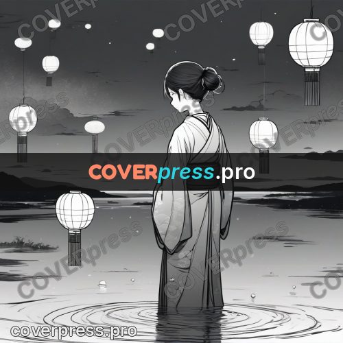 Anime line art: figure among lanterns above water