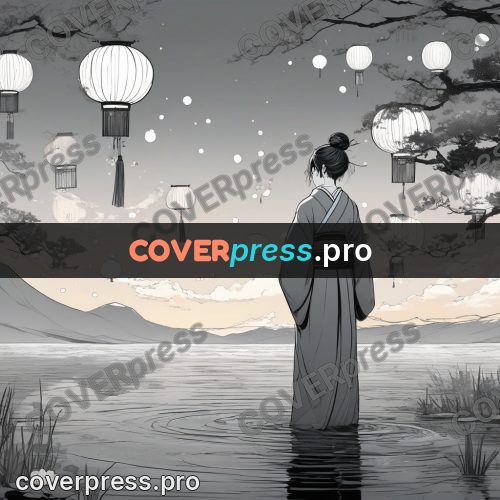 Anime line art: figure among lanterns above water